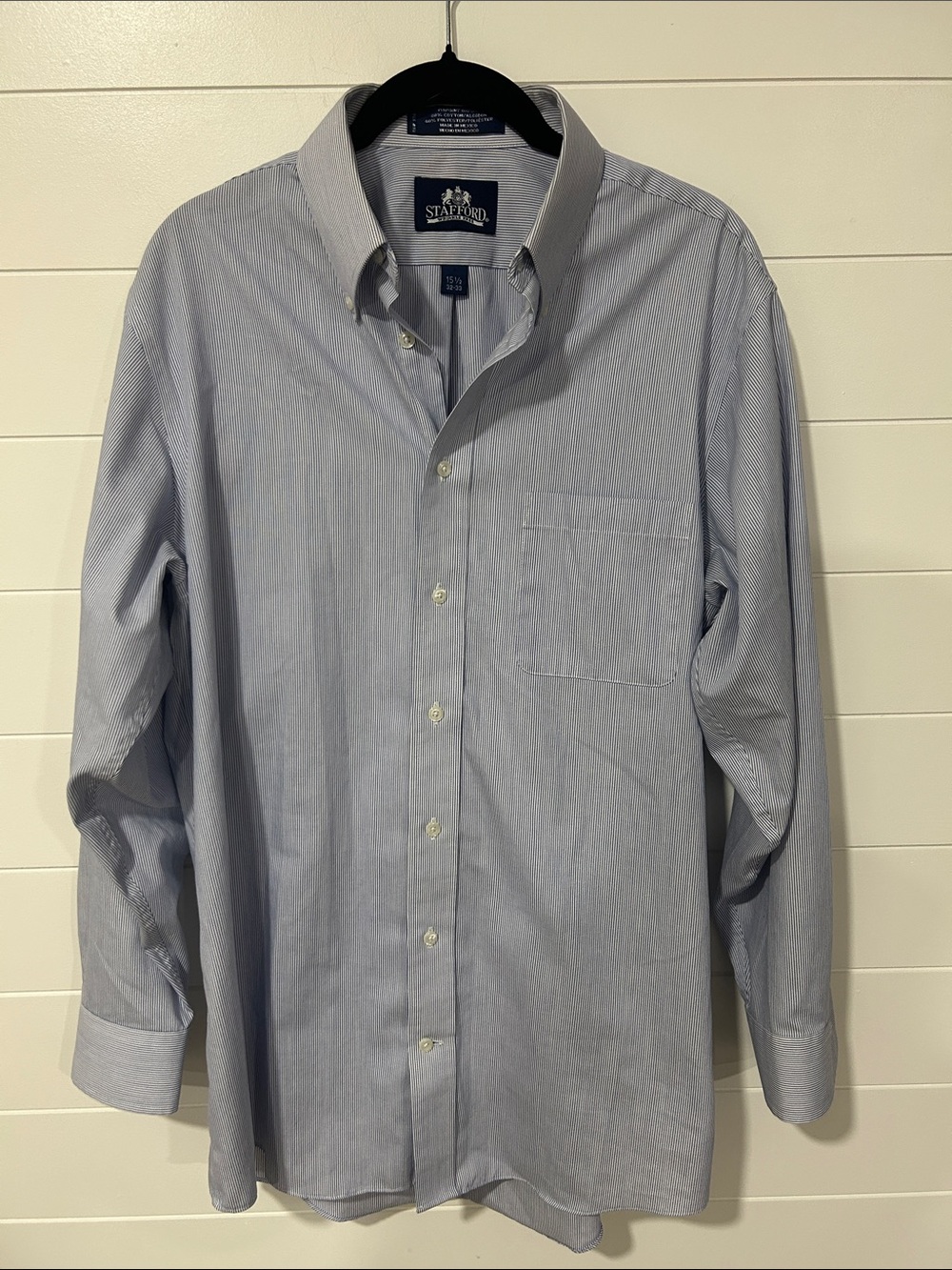Stafford Men’s Light Blue Pinstripe Button-Down Dress Shirt